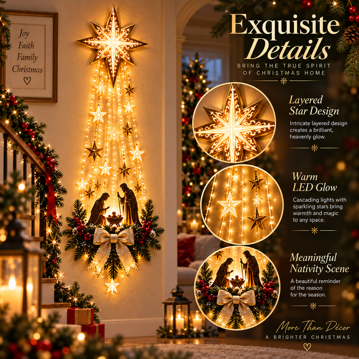 Details of the layered star, warm LED light strands and Nativity scene