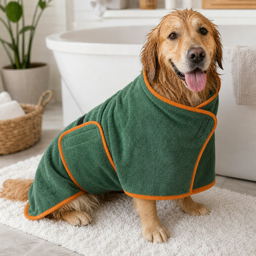 Golden retriever wrapped in a green dog bathrobe after a bath