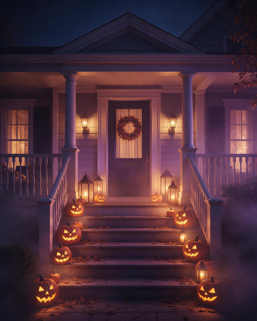 Front porch decorated for Halloween with glowing pumpkins