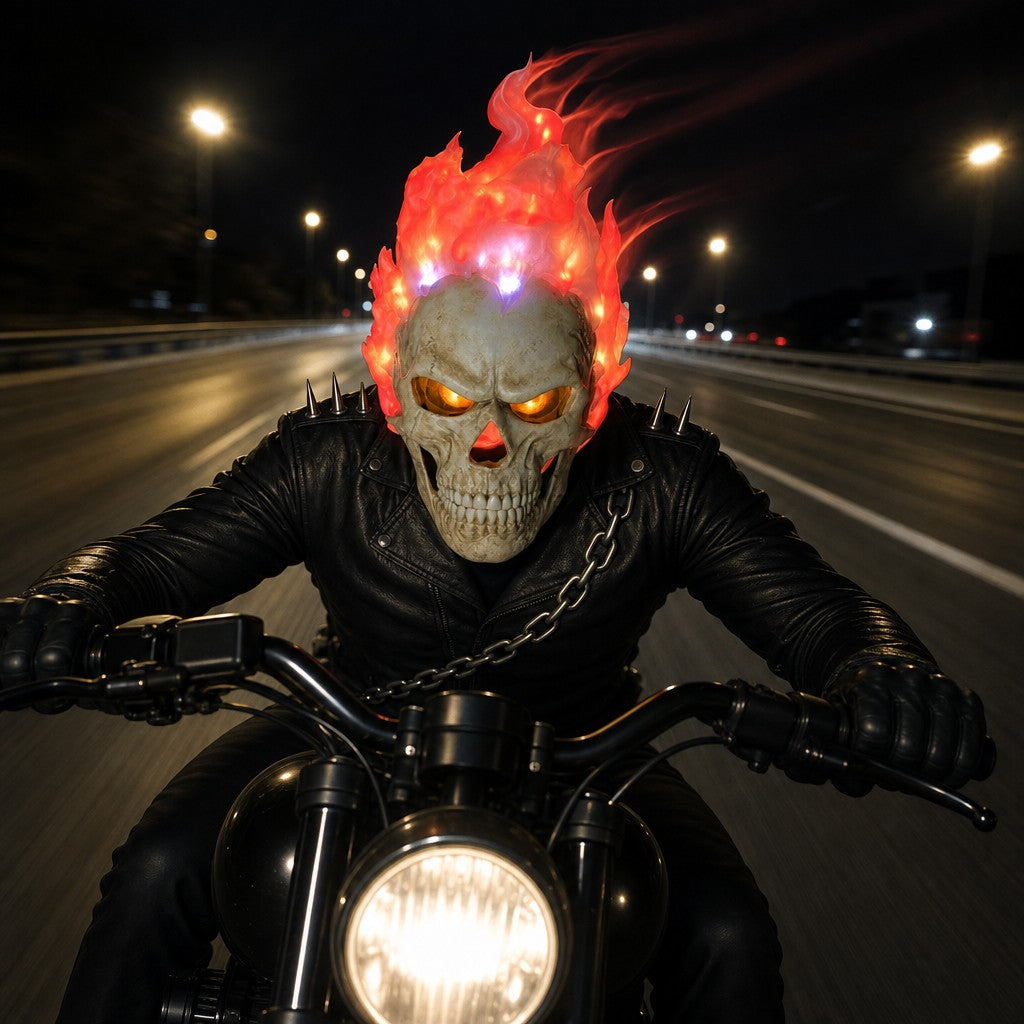 Rider wearing the Wrathfire flaming skull mask on a motorcycle at night