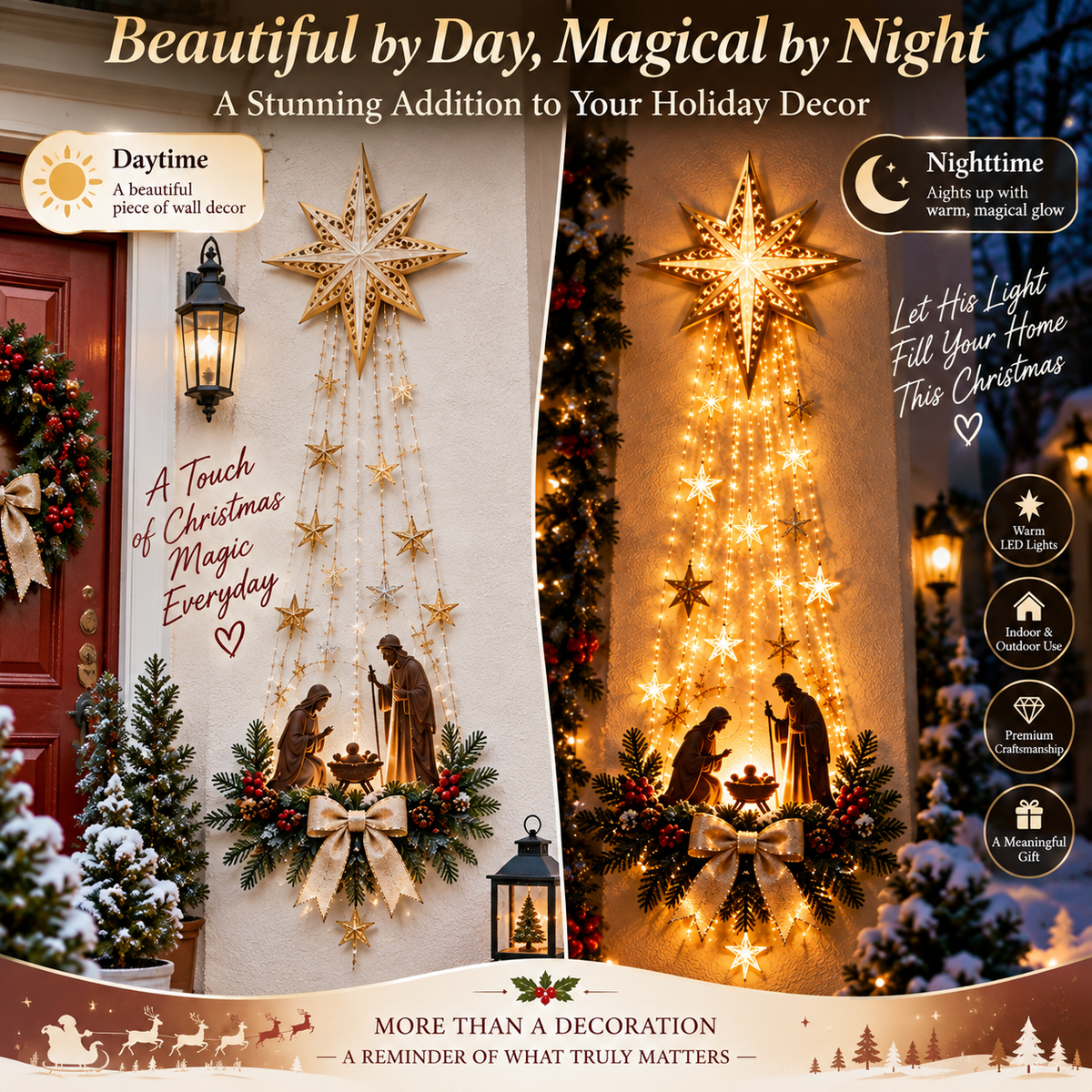 Bethlehem Star nativity wall light by day and lit up at night