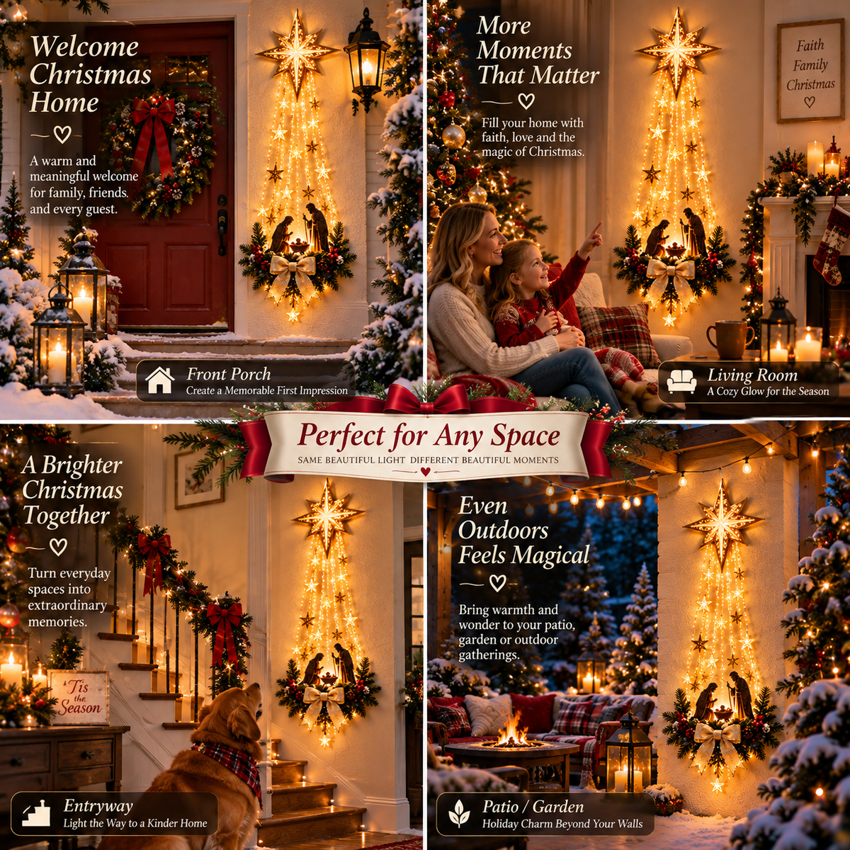 Nativity wall light shown on a porch, living room, entryway and patio