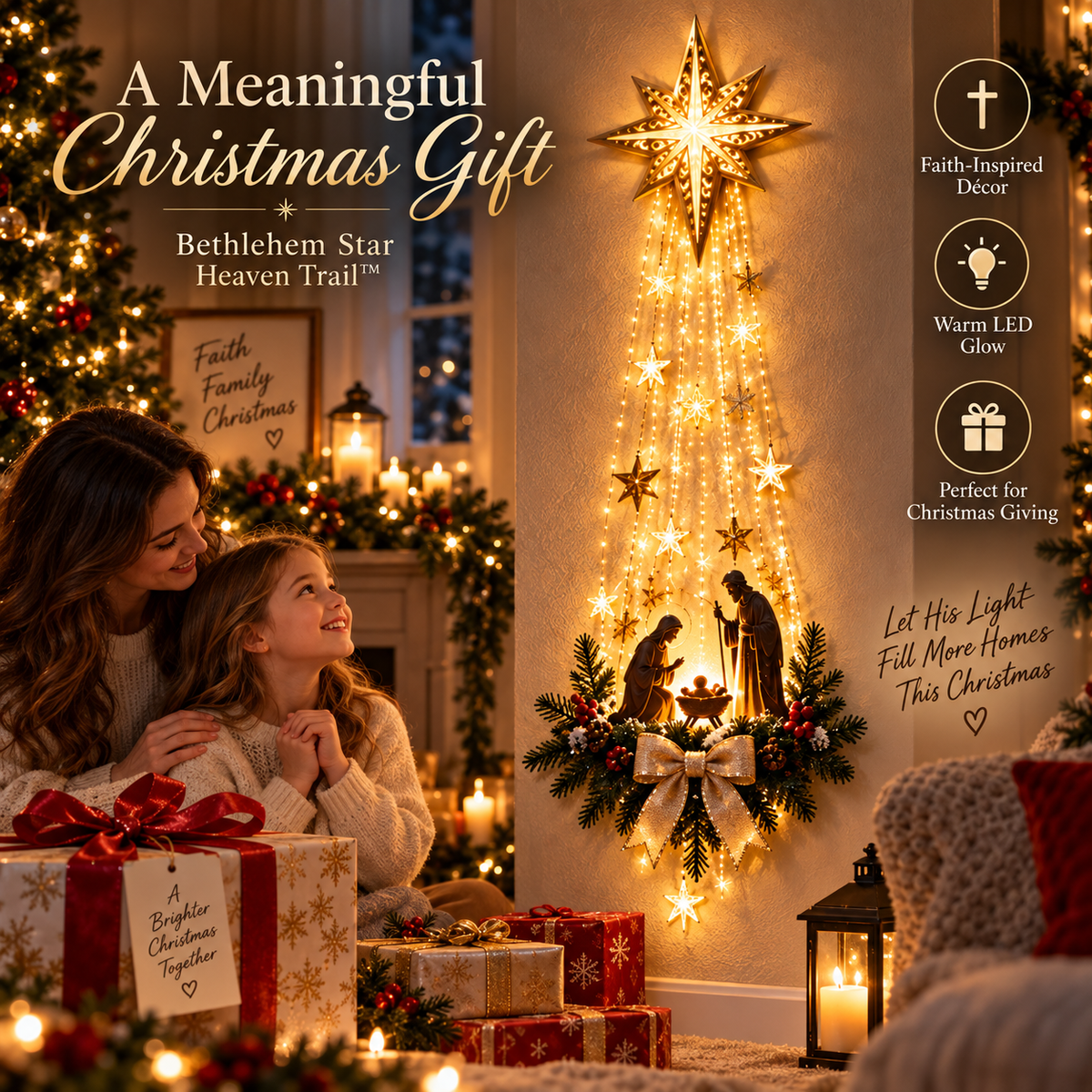 Mother and daughter beside the Bethlehem Star nativity wall light at Christmas