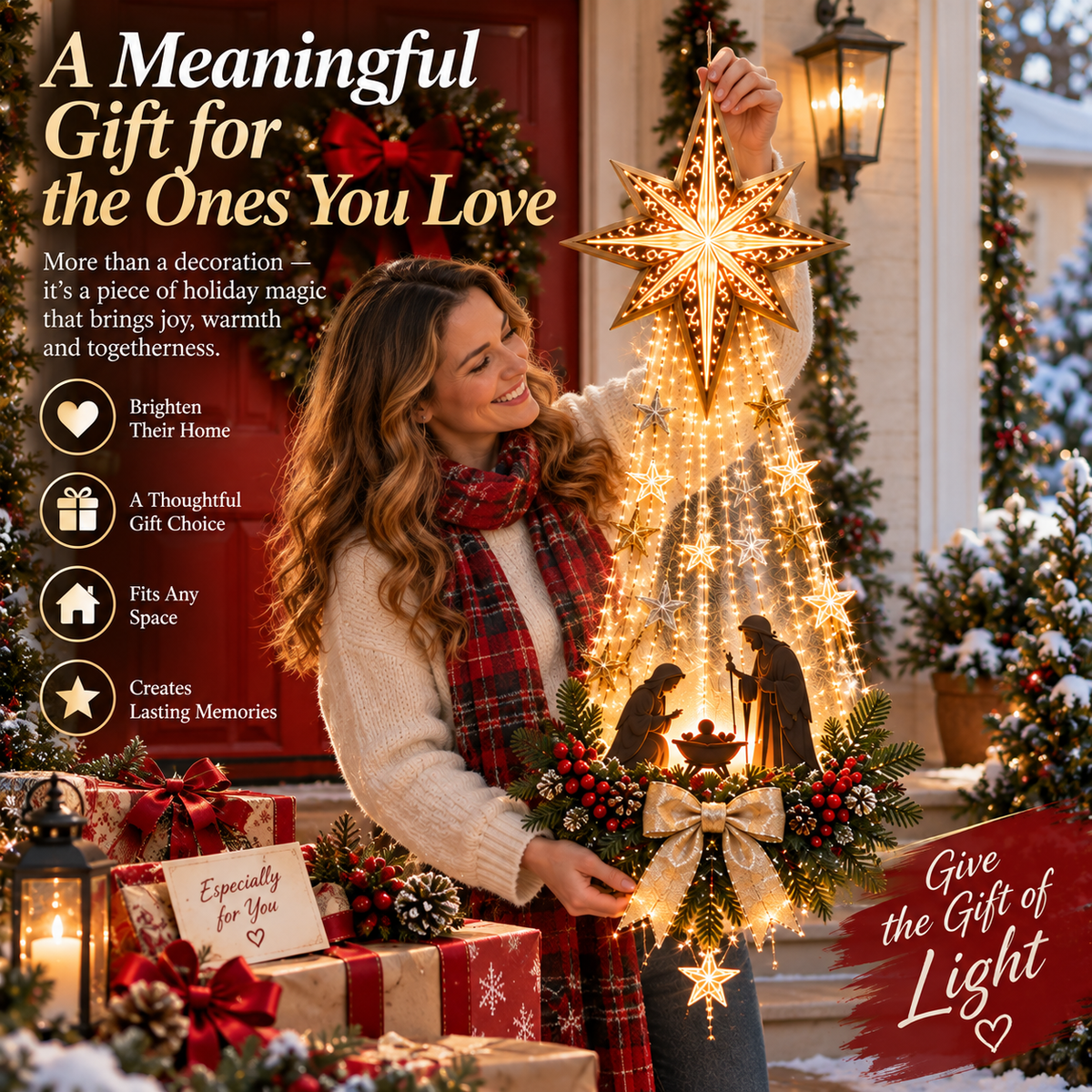 Woman holding the lighted Bethlehem Star nativity decoration as a gift