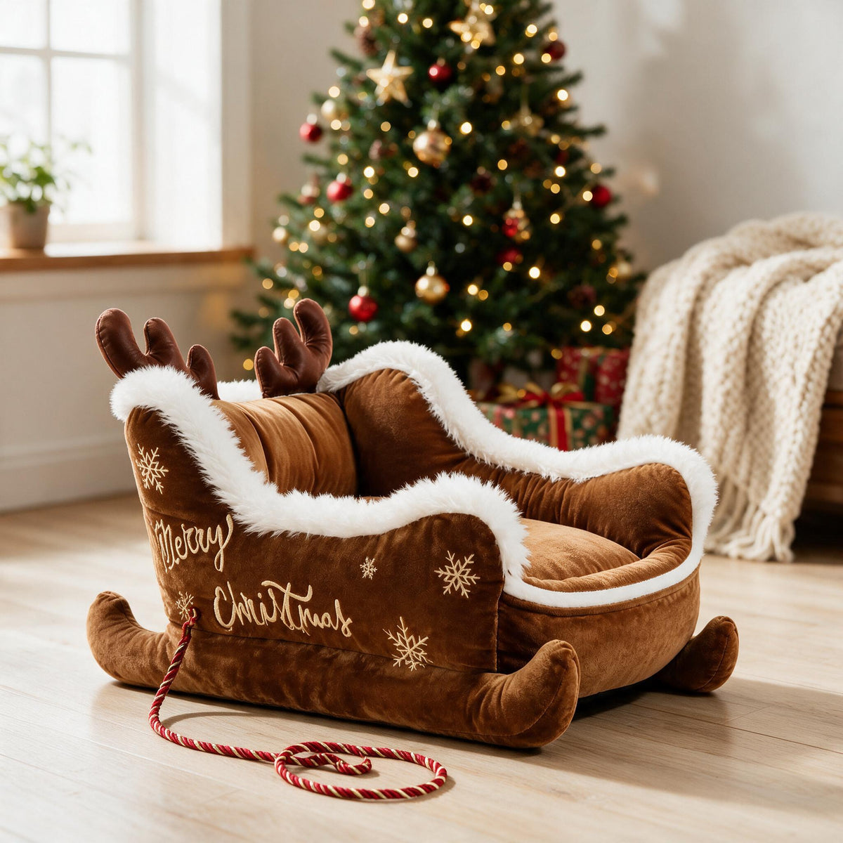 Golden Reindeer Christmas sleigh pet bed in a cozy holiday living room