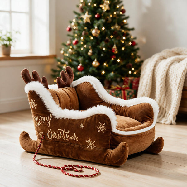 Golden Reindeer Christmas sleigh pet bed in a cozy holiday living room