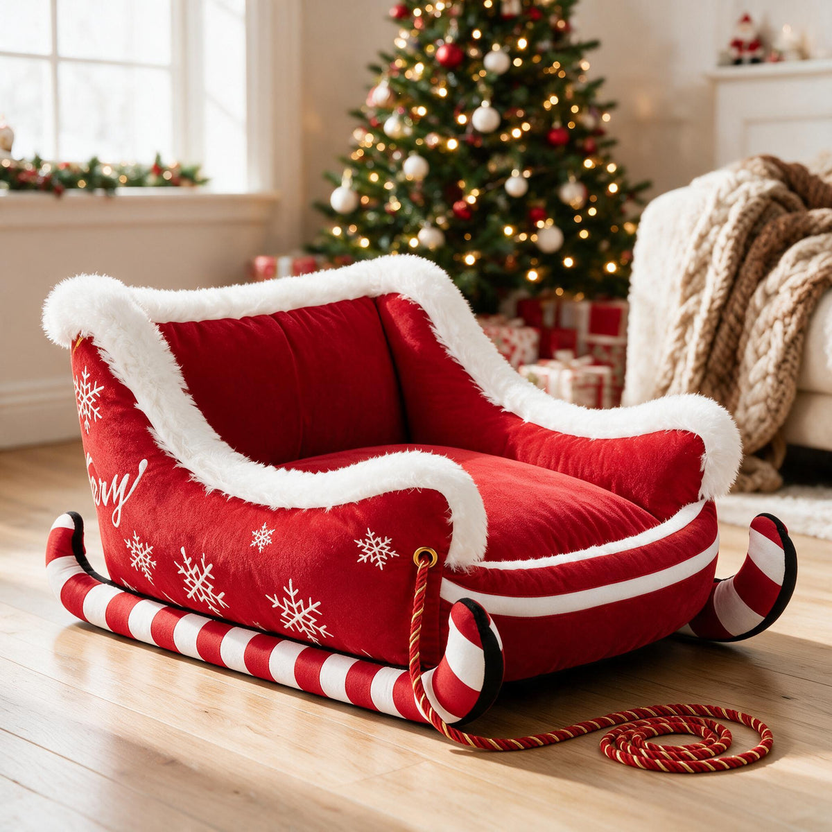 Candy Cane red Christmas sleigh pet bed by the tree