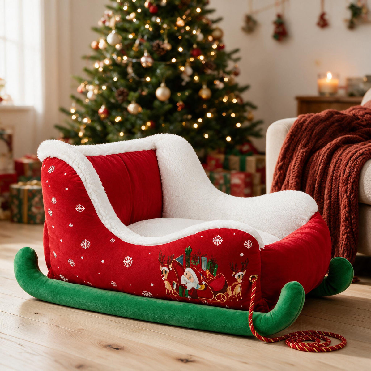 Classic Santa sleigh pet bed with sherpa interior