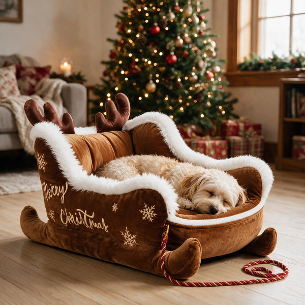 Small dog asleep inside the Golden Reindeer sleigh pet bed