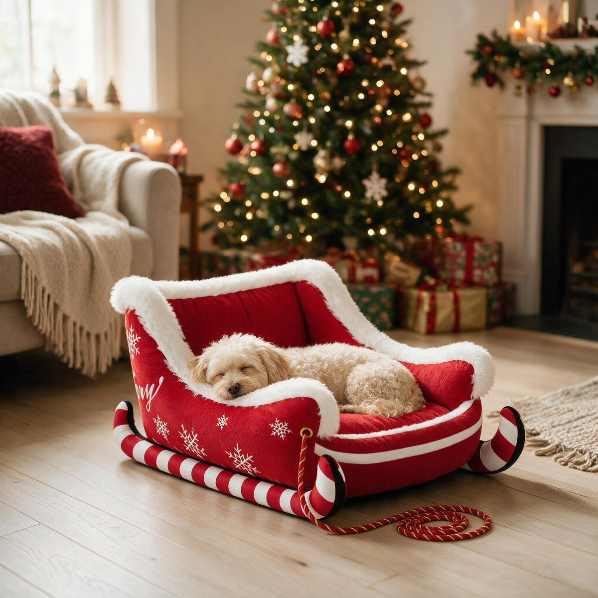 Dog curled up in the Candy Cane sleigh pet bed