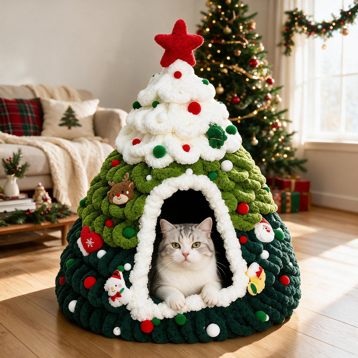 Cat peeking out of the Winter Pine Hideaway pet house