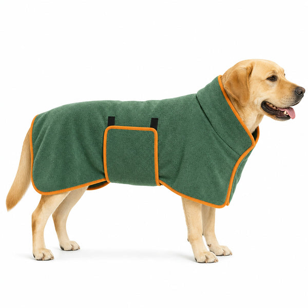 Green dog bathrobe with orange trim