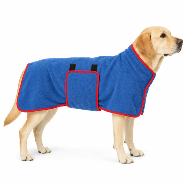 Blue dog bathrobe with red trim