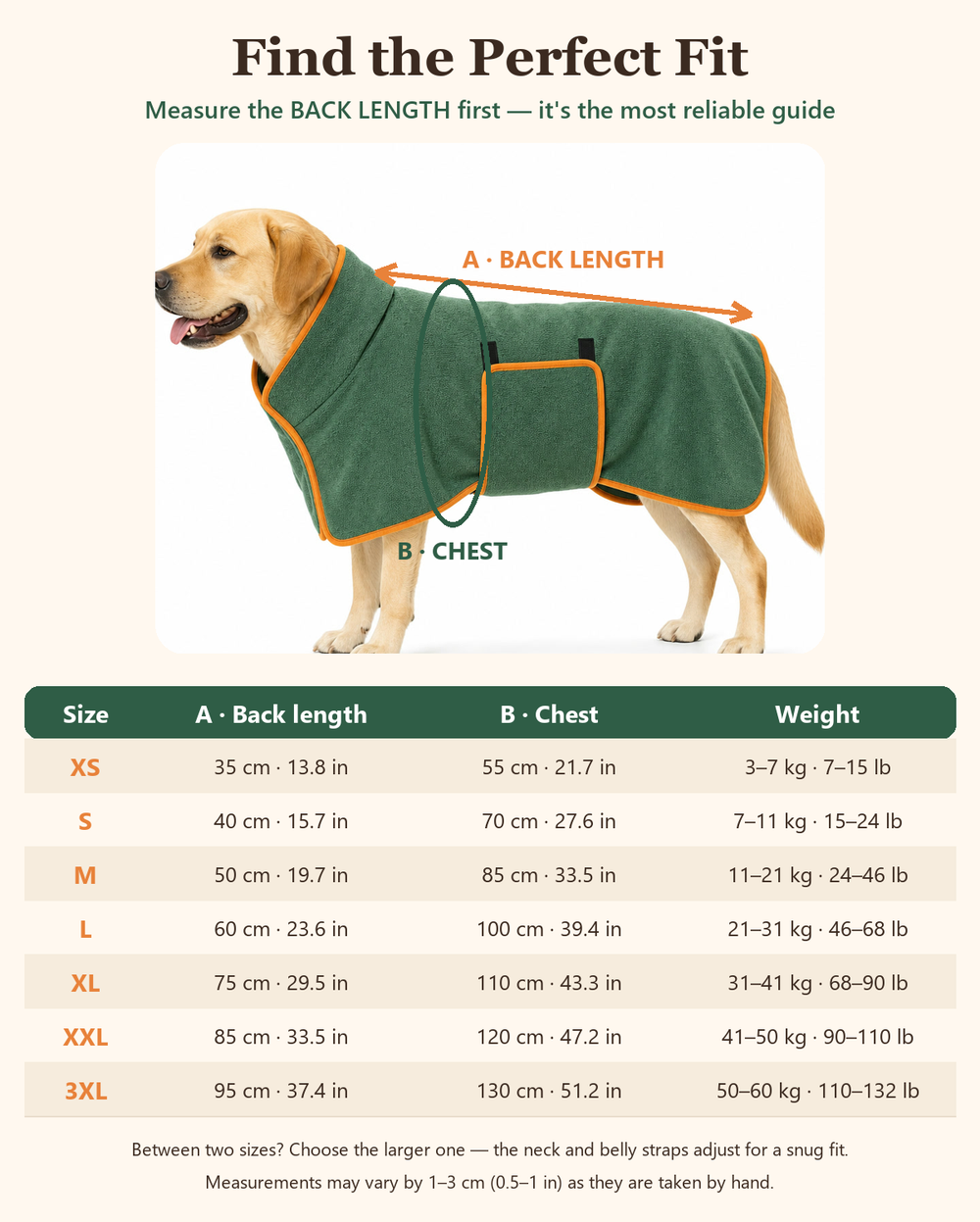 Dog bathrobe size guide: back length, chest and weight for sizes XS to 3XL