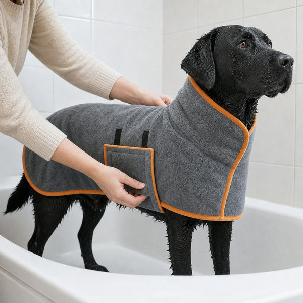 Dog wrapped in the bathrobe after a bath