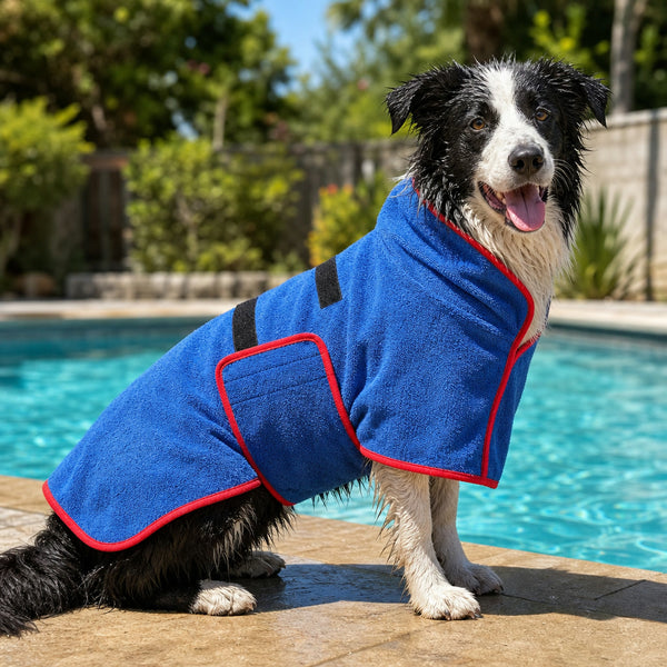 Dog in the bathrobe by the pool