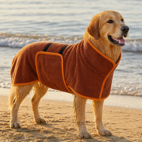 Dog in the bathrobe at the beach