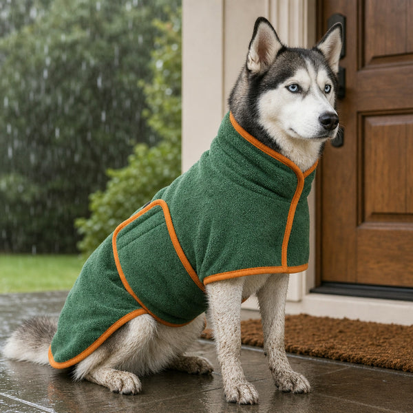 Dog in the bathrobe on a rainy porch
