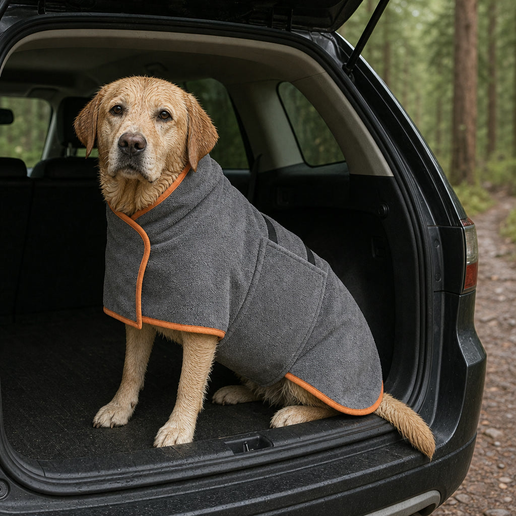 Labrador in the bathrobe in the car trunk after a hike