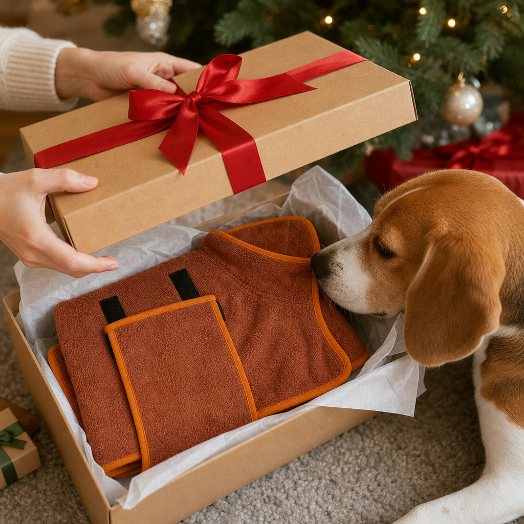 Dog bathrobe folded in a Christmas gift box