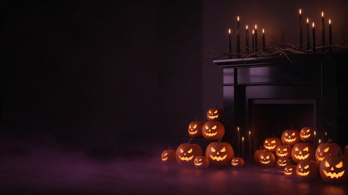 Glowing jack-o'-lanterns and black candles by a dark fireplace