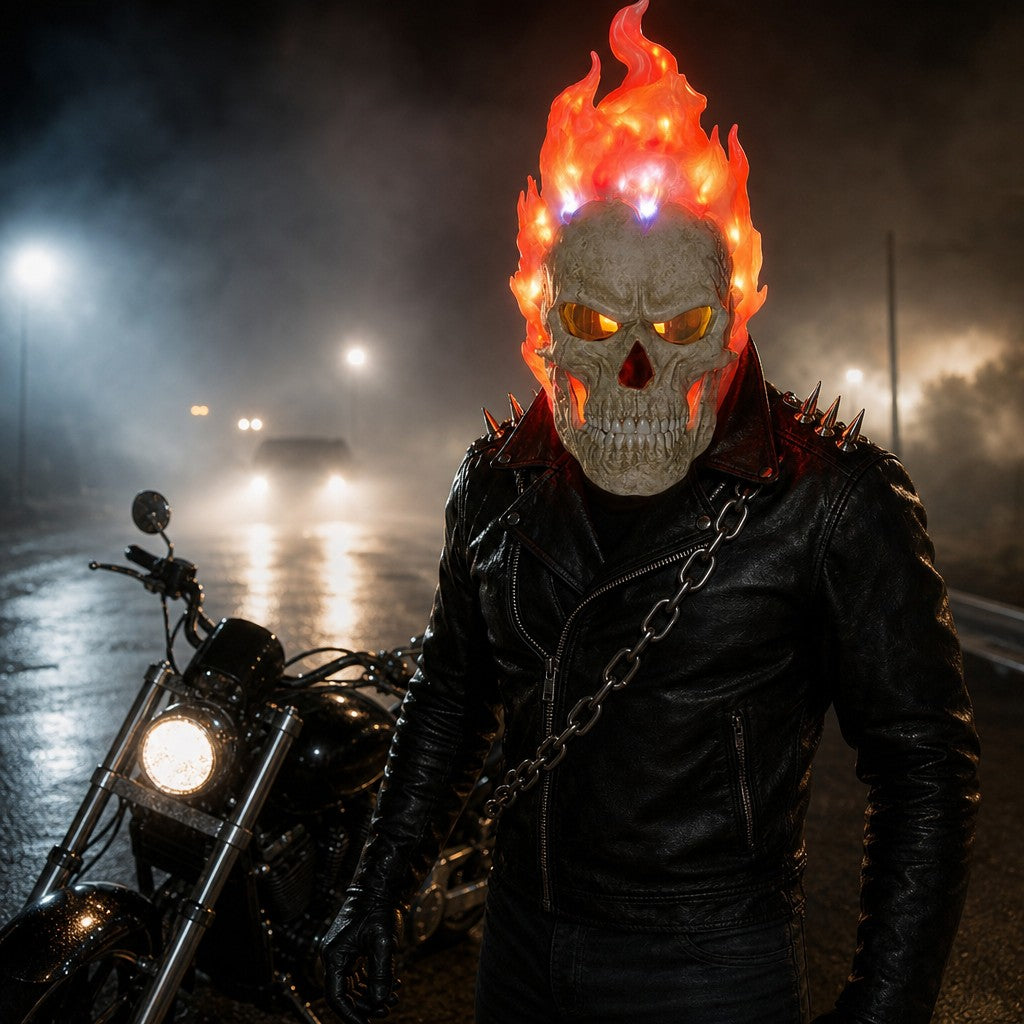 Man wearing the Wrathfire flaming skull mask next to a motorcycle at night
