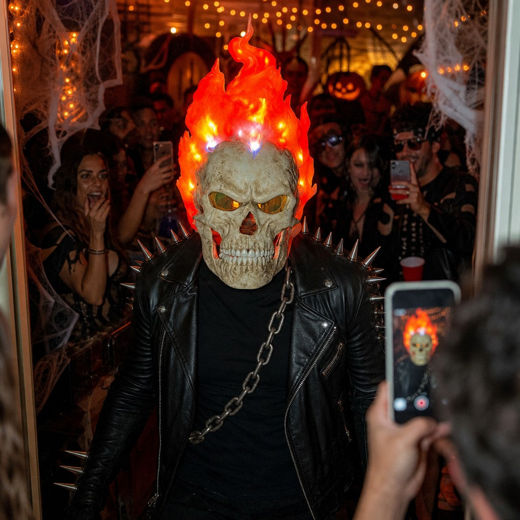 Party guests filming a man wearing the Wrathfire flaming skull mask