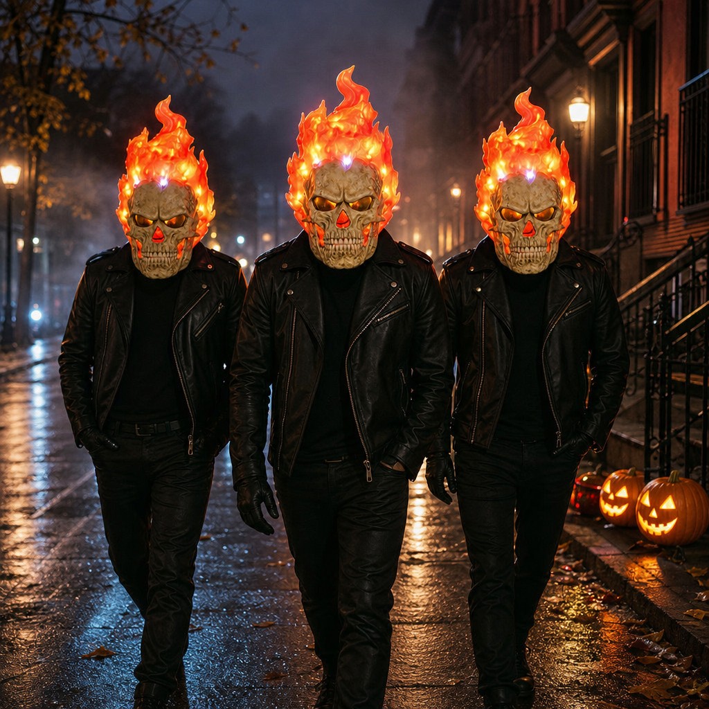 Three friends wearing Wrathfire flaming skull masks