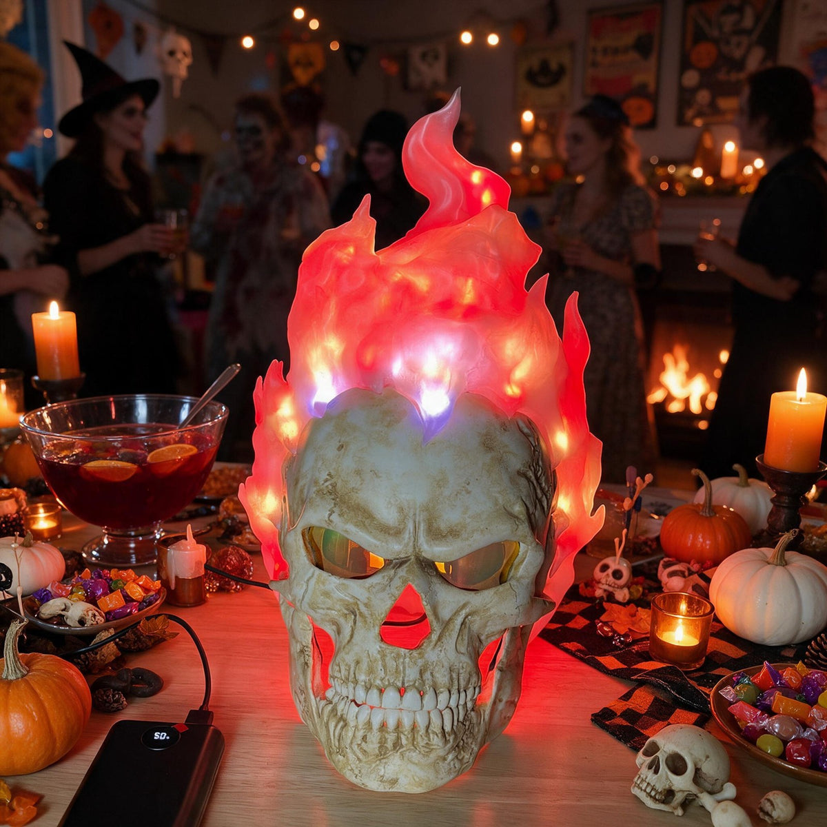 Wrathfire flaming skull mask glowing on a Halloween party table